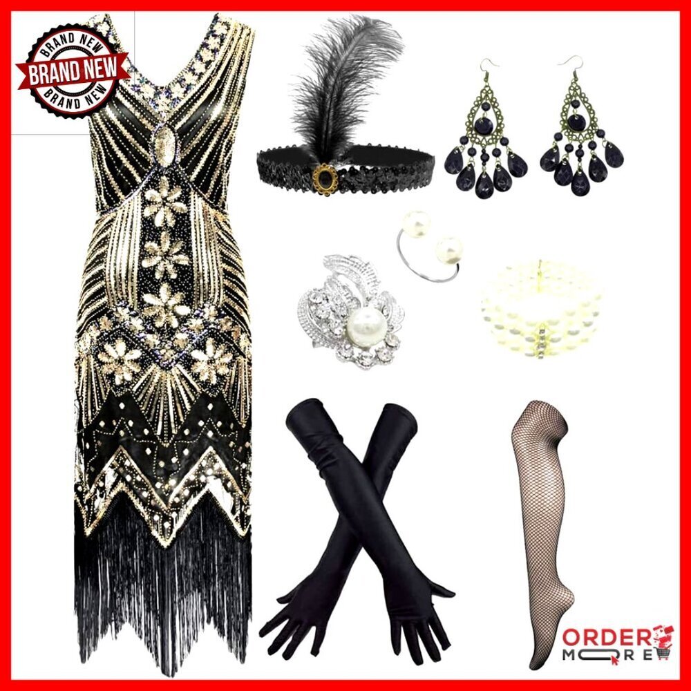 Flapper Dress with Fringe Beaded V Neck 1920s Gatsby Costume Set